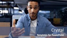  Presentation with business office desk - PPT theme featuring biracial-businessman-sitting-at-desk background and a ocean colored foreground