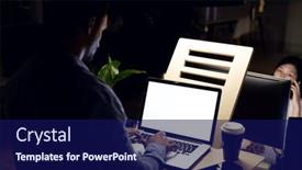  Presentation with business office desk - PPT theme enhanced with biracial-businessman-standing-at-desk background and a navy blue colored foreground