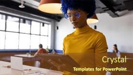  Presentation with business casual - Slide set having biracial-casual-businesswoman-with-blue background and a tawny brown colored foreground