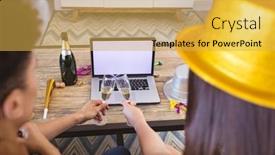  Presentation with virtual party - Presentation enhanced with biracial-couple-toasting-champagne-flutes background and a yellow colored foreground