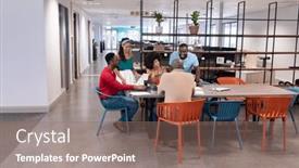  Presentation with planning - Presentation design having biracial-female-and-male-advisors background and a coral colored foreground