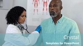 Presentation with african american patient - PPT theme consisting of biracial-female-doctor-using-stethoscope background and a teal colored foreground