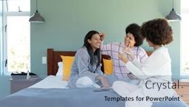  Presentation with beauty product - Presentation theme having biracial-female-friends-applying-make background and a light blue colored foreground