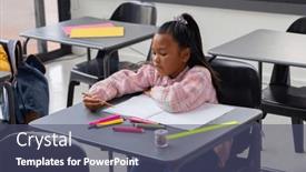 Presentation with school-desk - PPT theme enhanced with biracial-girl-focused-on-drawing background and a ocean colored foreground