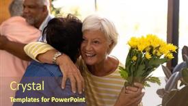  Presentation with assisted living - Presentation design with biracial-happy-senior-guests background and a tawny brown colored foreground