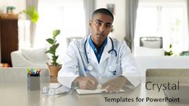  Presentation with healthcare communication - PPT theme having biracial-male-doctor-sitting background and a light gray colored foreground
