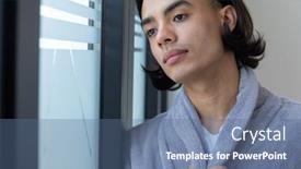  Presentation with quality life - Slide set featuring biracial-man-looking-through-window background and a ocean colored foreground