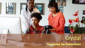  Presentation with meeting - Presentation enhanced with biracial-photographer-by-multiracial-colleagues background and a red colored foreground