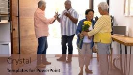  Presentation with assisted living - Presentation theme having biracial-seniors-receiving-friends background and a violet colored foreground