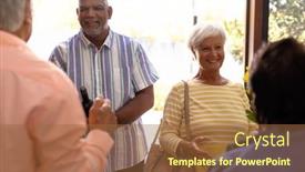  Presentation with assisted living - Slides consisting of biracial-seniors-welcoming-cheerful-friends background and a tawny brown colored foreground