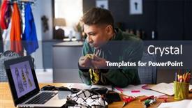  Presentation with transgender - PPT theme enhanced with biracial-transgender-fashion-designer-sitting background and a ocean colored foreground