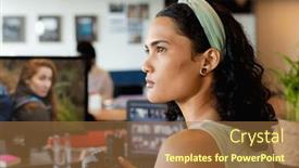  Presentation with business office desk - Presentation design having biracial-young-businesswoman-with-camera background and a coral colored foreground