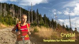  Presentation with female - Slide deck featuring bird go - pretty female hiker going downhill background and a tawny brown colored foreground