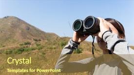  Presentation with binocular - Slide deck having bird go - woman looking though binocular when background and a  colored foreground