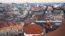  Presentation with bird eye view - Audience pleasing presentation theme consisting of bird's-eye view old downtown of porto at dusk portugal backdrop and a violet colored foreground