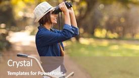  Presentation with outdoors - Cool new presentation theme with bird watching - attractive young woman using binoculars backdrop and a coral colored foreground