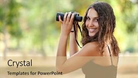  Presentation with bird - Amazing PPT theme having bird watching - beautiful young woman holding binoculars backdrop and a coral colored foreground