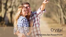  Presentation with young happy couple - PPT theme enhanced with bird watching - happy young couple relaxing outdoors background and a coral colored foreground