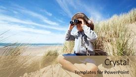  Presentation with bird - Presentation design consisting of bird watching - little boy searching with binoculars background and a coral colored foreground