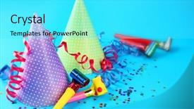  Presentation with blue and silver birthday - Audience pleasing presentation theme consisting of birth 2 years - two birthday hats with serpentine backdrop and a cyan colored foreground