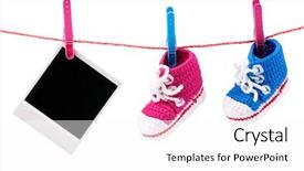  Presentation with announcement - Slide deck featuring birth announcement - baby bootees and photo hanging background and a white colored foreground