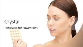 Presentation with pills - PPT theme featuring birth control - picture of young beautiful woman background and a sky blue colored foreground