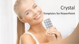  Presentation with pills - Audience pleasing PPT layouts consisting of birth control - picture of young woman backdrop and a sky blue colored foreground