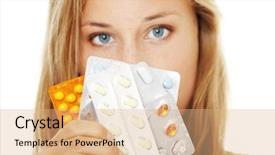  Presentation with pills - Amazing slide deck having birth control - young beautiful ill woman backdrop and a coral colored foreground