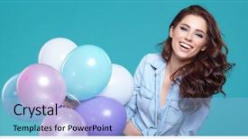  Presentation with balloons - Theme having birthday - beautiful woman with colored balloons background and a light blue colored foreground
