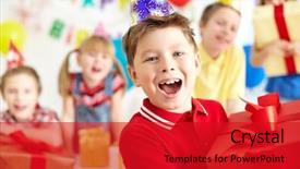  Presentation with joyful - Amazing slide deck having birthday - joyful boy with giftbox looking backdrop and a crimson colored foreground