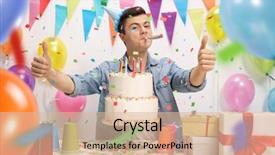  Presentation with birthday boy - Beautiful presentation theme featuring teenage boy with a birthday cake and a party horn holding his thumbs up backdrop and a lemonade colored foreground
