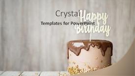  Presentation with birthday banner - Amazing PPT theme having birthday-cake-decorated-with-chocolate backdrop and a light gray colored foreground