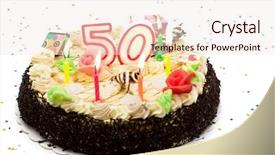  Presentation with anniversary - Colorful PPT theme enhanced with 50 anniversary - birthday cake for 50 years backdrop and a sky blue colored foreground