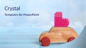  Presentation with wooden heart the slogan - Theme enhanced with birthday cakr - decorative wooden car with heart background and a sky blue colored foreground