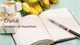  Presentation with fountain pen - Presentation theme with bithday card - bouquet of spring tulips flowers background and a lemonade colored foreground