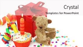 Presentation with first birthday - PPT layouts featuring birthday cupcake with gift box background and a sky blue colored foreground