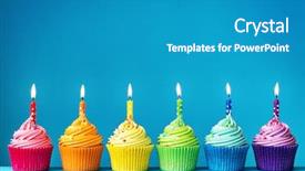  Presentation with cupcakes - PPT theme featuring birthday cupcakes in rainbow colors background and a teal colored foreground