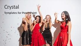  Presentation with beautiful black women smiling - Cool new PPT theme with birthday girl - four happy beautiful young women backdrop and a white colored foreground