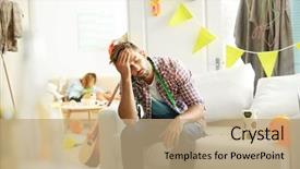  Presentation with birthday party - Presentation theme with guitar birthday - tired drunk man after party background and a coral colored foreground