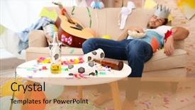  Presentation with birthday party - Theme featuring king birthday - tired drunk man after party background and a coral colored foreground