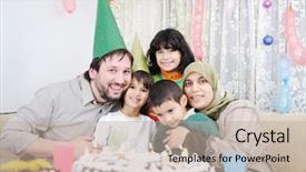  Presentation with members - Presentation theme having birthday happy muslim family background and a mint green colored foreground