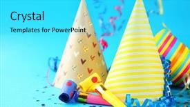  Presentation with streamer - Presentation design with birthday hats with serpentine streamer background and a cyan colored foreground
