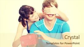  Presentation with give - Beautiful presentation theme featuring birthday husband - girl give a gift backdrop and a cream colored foreground