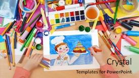  Presentation with artwork - PPT theme featuring birthday paperplate - child drawing holiday cake background and a coral colored foreground