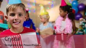  Presentation with gift - Amazing PPT theme having birthday party 80 years - portrait of happy boy showing backdrop and a  colored foreground