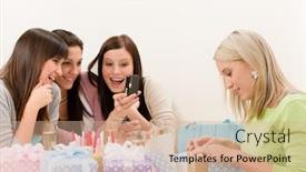  Presentation with birthday party - Audience pleasing presentation theme consisting of birthday party - cheerful woman take photo with camera celebrating backdrop and a coral colored foreground
