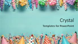  Presentation with birthday party - Slide deck with birthday party decoration streamers hat background and a light blue colored foreground