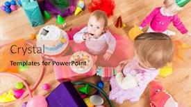  Presentation with birthday cake - PPT theme enhanced with birthday-party-in-kindergarten background and a coral colored foreground