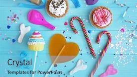  Presentation with birthday party - Audience pleasing slides consisting of birthday party objects on blue wooden background top view backdrop and a light blue colored foreground