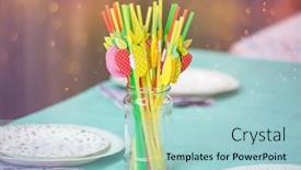  Presentation with birthday party - Presentation theme with birthday party table with colorful background and a light blue colored foreground